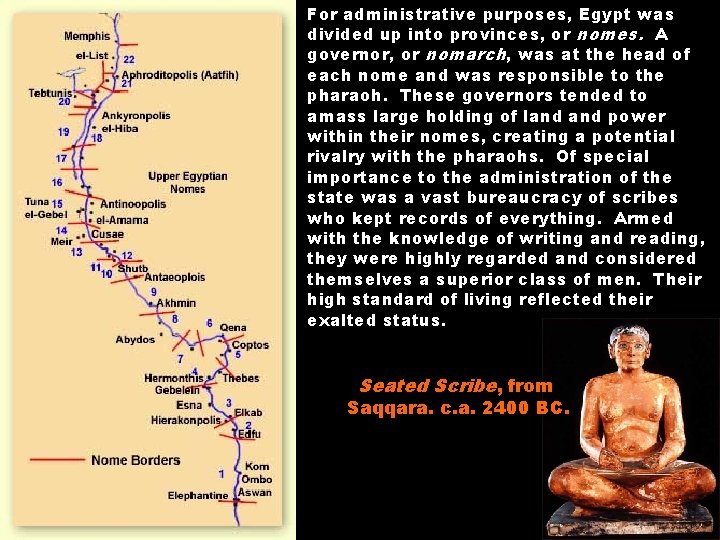 For administrative purposes, Egypt was divided up into provinces, or nomes. A governor, or