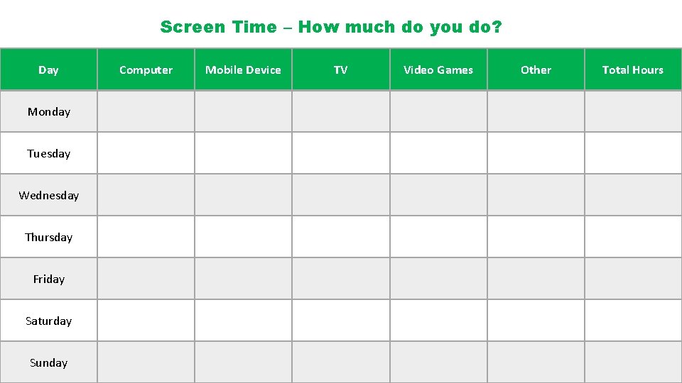 Screen Time – How much do you do? Day Monday Tuesday Wednesday Thursday Friday
