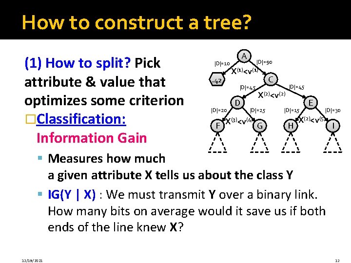 How to construct a tree? (1) How to split? Pick attribute & value that