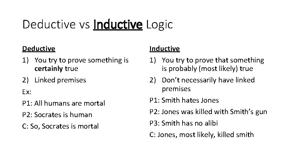 Deductive vs Inductive Logic Deductive 1) You try to prove something is certainly true