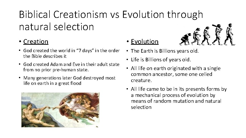 Biblical Creationism vs Evolution through natural selection • Creation • Evolution • God created