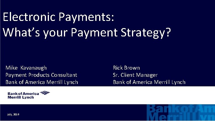 Electronic Payments: What’s your Payment Strategy? Mike Kavanaugh Payment Products Consultant Bank of America