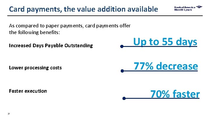 Card payments, the value addition available As compared to paper payments, card payments offer