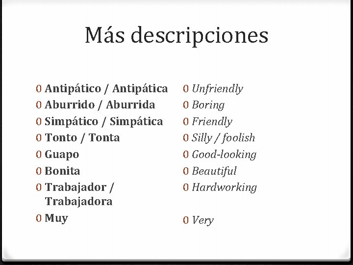 Más descripciones 0 Antipático / Antipática 0 Aburrido / Aburrida 0 Simpático / Simpática