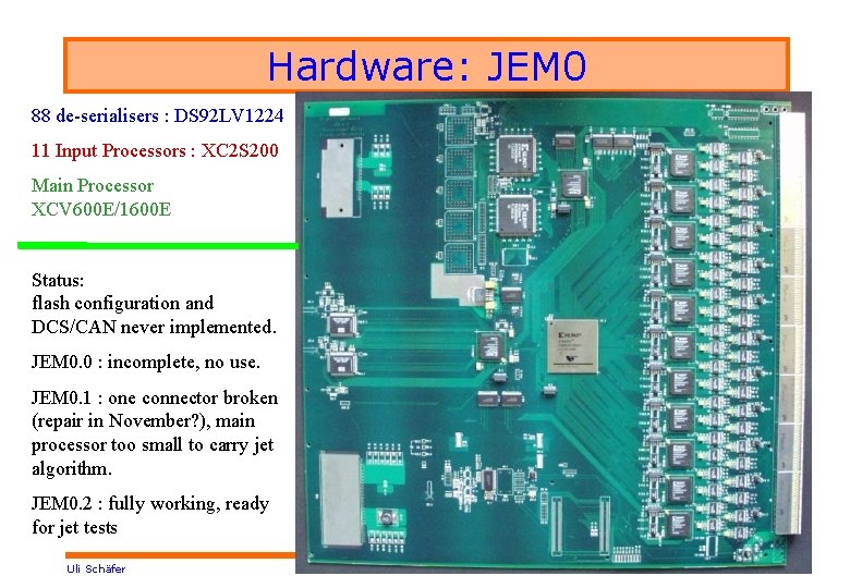 Hardware: JEM 0 88 de-serialisers : DS 92 LV 1224 11 Input Processors :