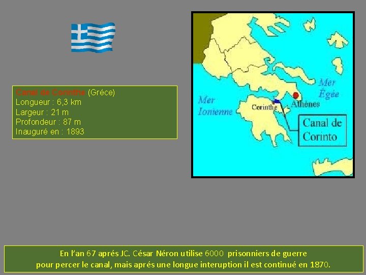 Canal de Corinthe (Gréce) Longueur : 6, 3 km Largeur : 21 m Profondeur