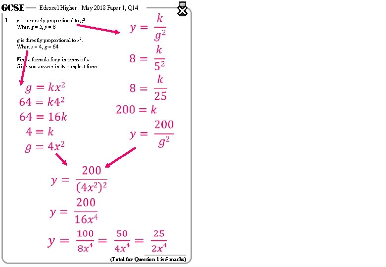 GCSE 1 Edexcel Higher : May 2018 Paper 1, Q 14 y is inversely GCSE 1 Edexcel Higher : May 2018 Paper 1, Q 14 y is inversely