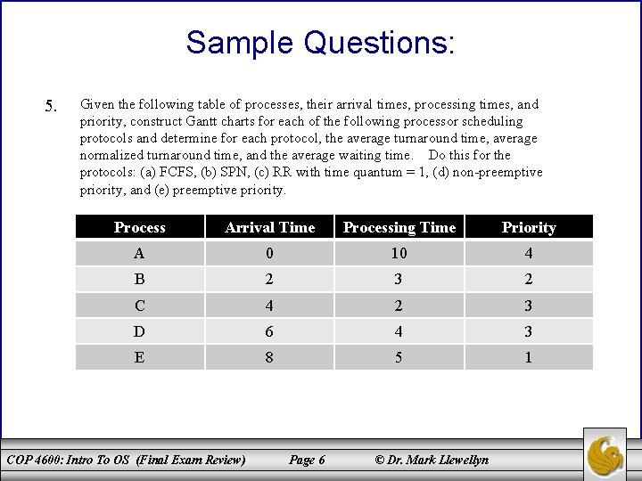 Sample Questions: 5. Given the following table of processes, their arrival times, processing times,