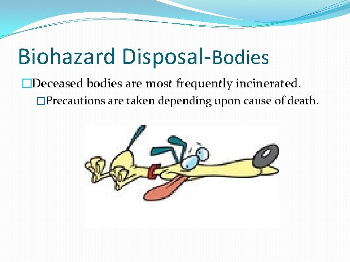 Biohazard Disposal-Bodies �Deceased bodies are most frequently incinerated. �Precautions are taken depending upon cause