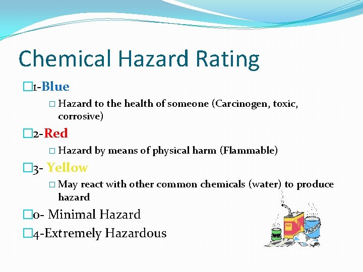 Chemical Hazard Rating � 1 -Blue � Hazard to the health of someone (Carcinogen,