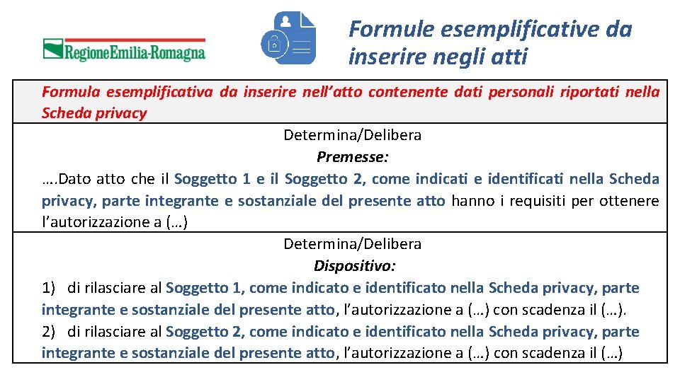 Formule esemplificative da inserire negli atti Formula esemplificativa da inserire nell’atto contenente dati personali