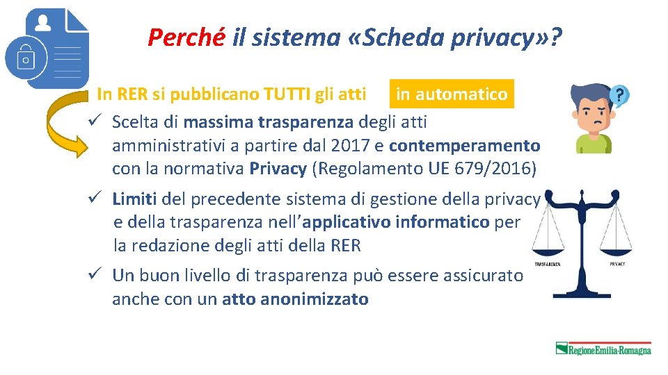 Perché il sistema «Scheda privacy» ? In RER si pubblicano TUTTI gli atti in