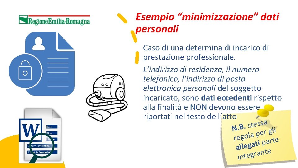 Esempio “minimizzazione” dati personali Caso di una determina di incarico di prestazione professionale. L’indirizzo