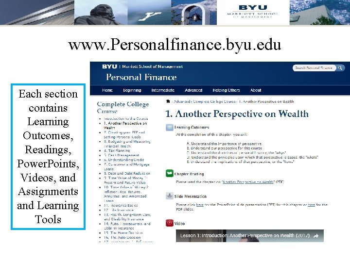 www. Personalfinance. byu. edu Each section contains Learning Outcomes, Readings, Power. Points, Videos, and