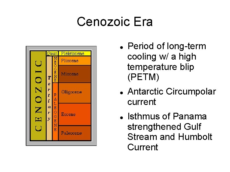 Cenozoic Era Period of long-term cooling w/ a high temperature blip (PETM) Antarctic Circumpolar