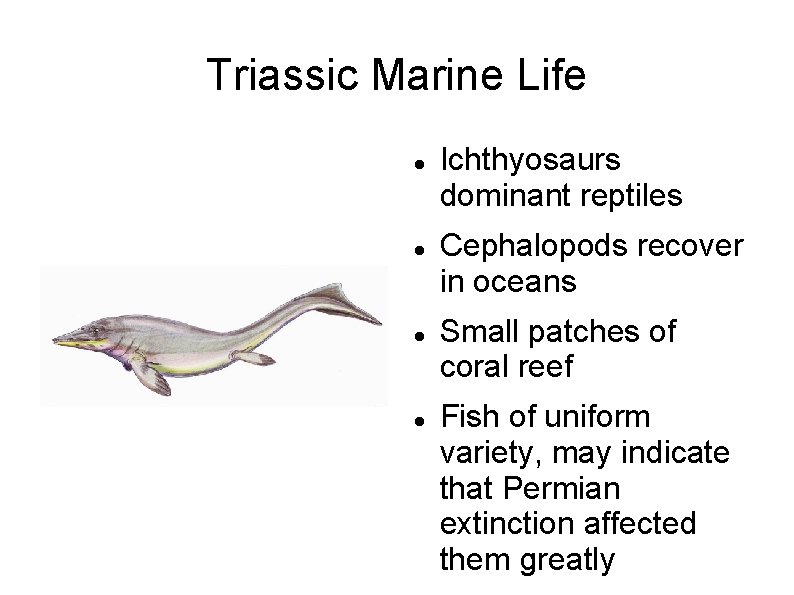 Triassic Marine Life Ichthyosaurs dominant reptiles Cephalopods recover in oceans Small patches of coral