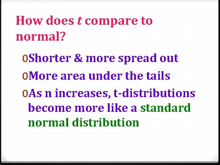 How does t compare to normal? 0 Shorter & more spread out 0 More