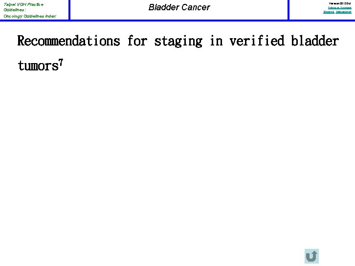 Taipei VGH Practice Guidelines: Oncology Guidelines Index Bladder Cancer Version 2012 Oct Table of