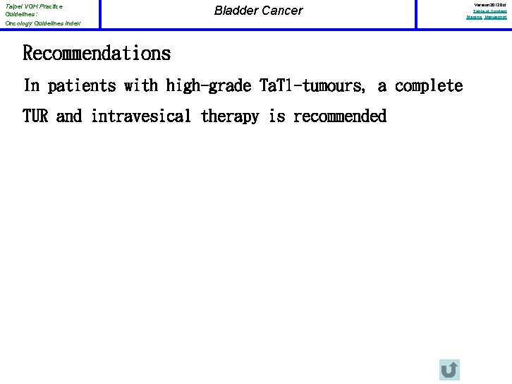 Taipei VGH Practice Guidelines: Oncology Guidelines Index Bladder Cancer Recommendations In patients with high-grade