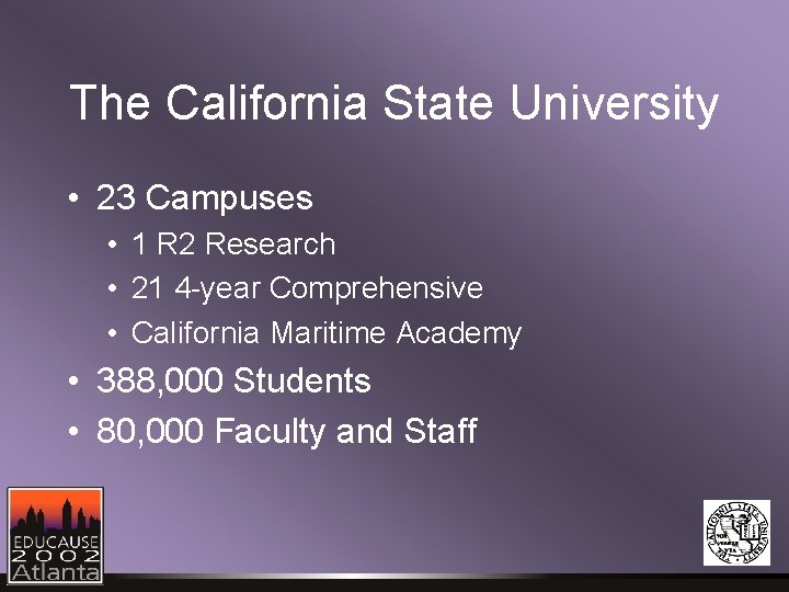 The California State University • 23 Campuses • 1 R 2 Research • 21 The California State University • 23 Campuses • 1 R 2 Research • 21