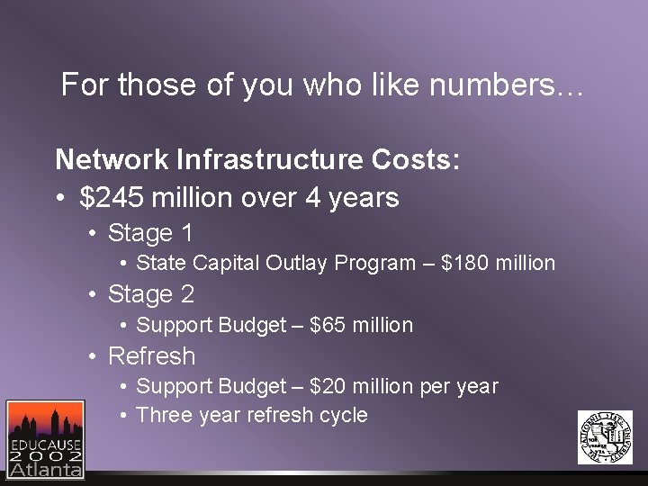 For those of you who like numbers… Network Infrastructure Costs: • $245 million over For those of you who like numbers… Network Infrastructure Costs: • $245 million over