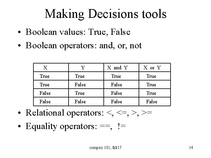 Making Decisions tools • Boolean values: True, False • Boolean operators: and, or, not