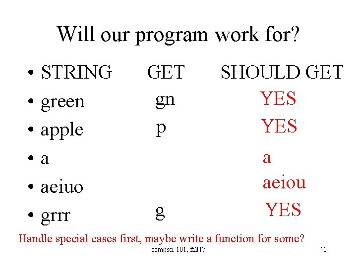 Will our program work for? • • • STRING green apple a aeiuo grrr