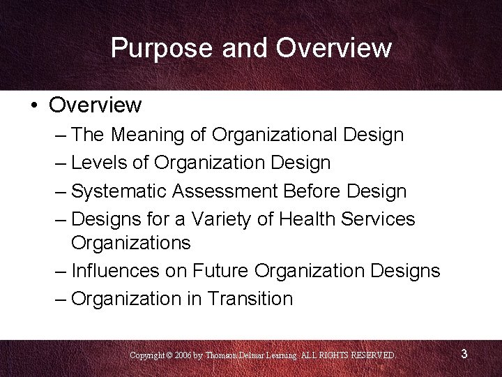 Purpose and Overview • Overview – The Meaning of Organizational Design – Levels of