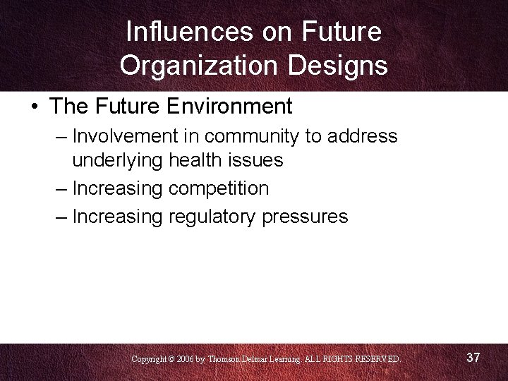 Influences on Future Organization Designs • The Future Environment – Involvement in community to Influences on Future Organization Designs • The Future Environment – Involvement in community to