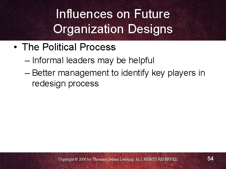 Influences on Future Organization Designs • The Political Process – Informal leaders may be