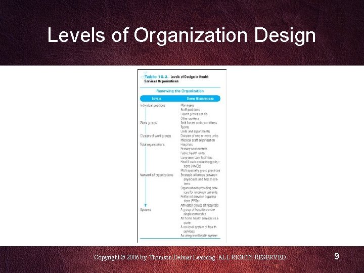 Levels of Organization Design Copyright © 2006 by Thomson Delmar Learning. ALL RIGHTS RESERVED.