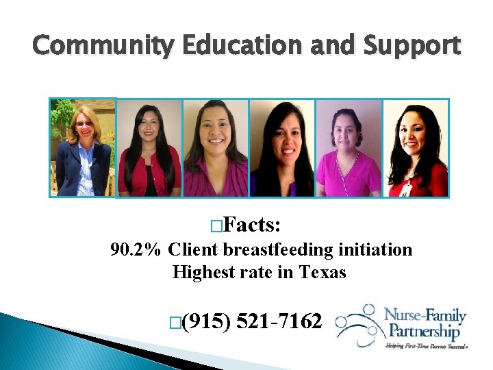 Community Education and Support �Facts: 90. 2% Client breastfeeding initiation Highest rate in Texas