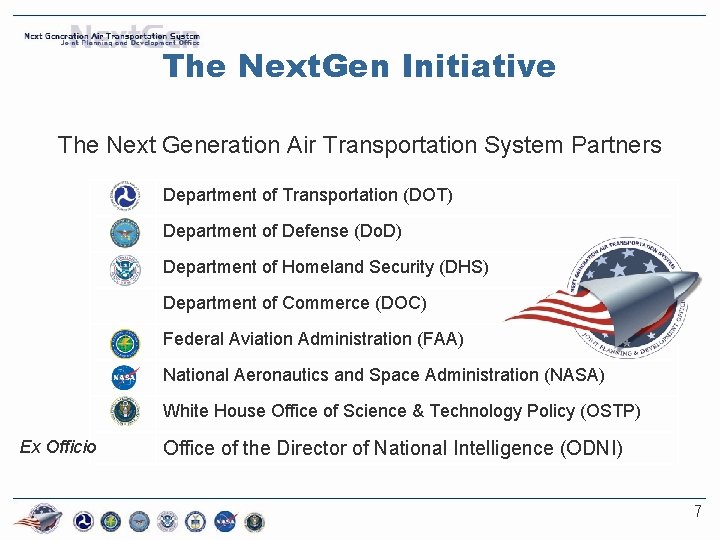 The Next. Gen Initiative The Next Generation Air Transportation System Partners Department of Transportation
