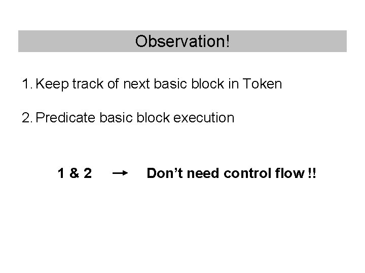 Observation! 1. Keep track of next basic block in Token 2. Predicate basic block Observation! 1. Keep track of next basic block in Token 2. Predicate basic block