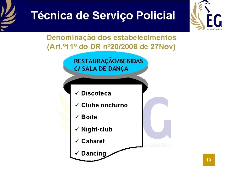 Técnica de Serviço Policial Denominação dos estabelecimentos (Art. º 11º do DR nº 20/2008