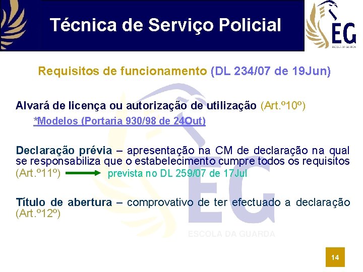 Técnica de Serviço Policial Requisitos de funcionamento (DL 234/07 de 19 Jun) Alvará de