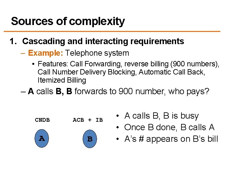 Sources of complexity 1. Cascading and interacting requirements – Example: Telephone system • Features: