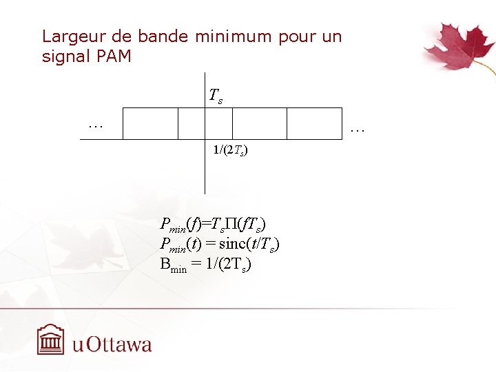 Largeur de bande minimum pour un signal PAM Ts … … 1/(2 Ts) Pmin(f)=Ts.