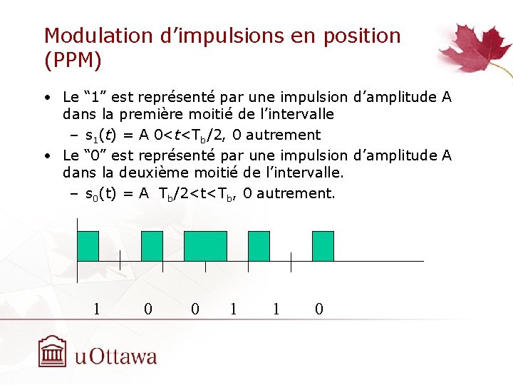 Modulation d’impulsions en position (PPM) • Le “ 1” est représenté par une impulsion