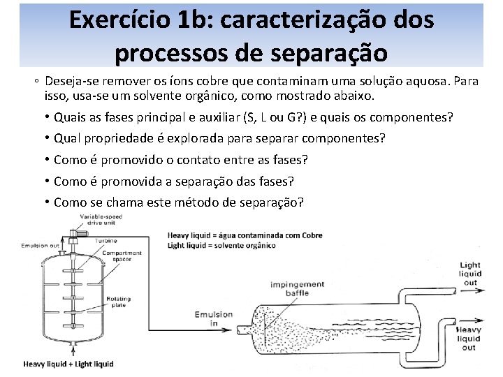 Exercício 1 b: caracterização dos processos de separação ◦ Deseja-se remover os íons cobre