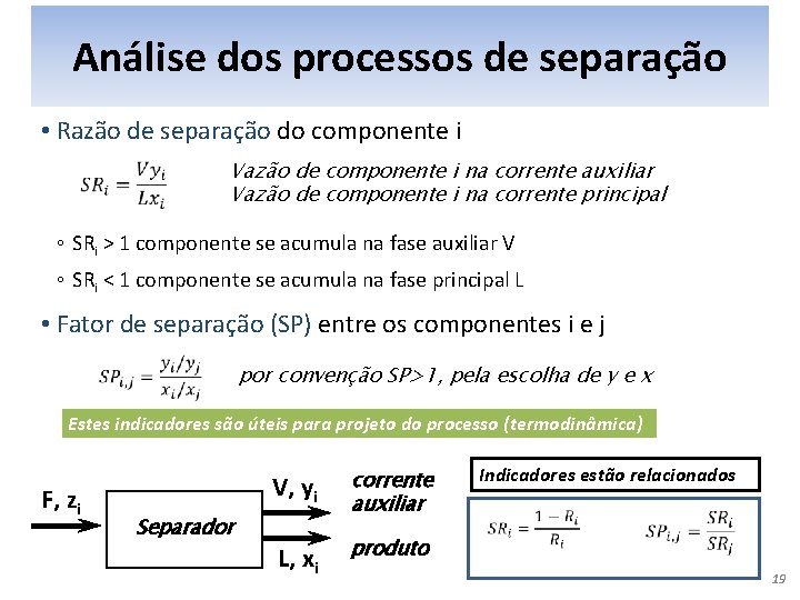 Análise dos processos de separação • Razão de separação do componente i Vazão de