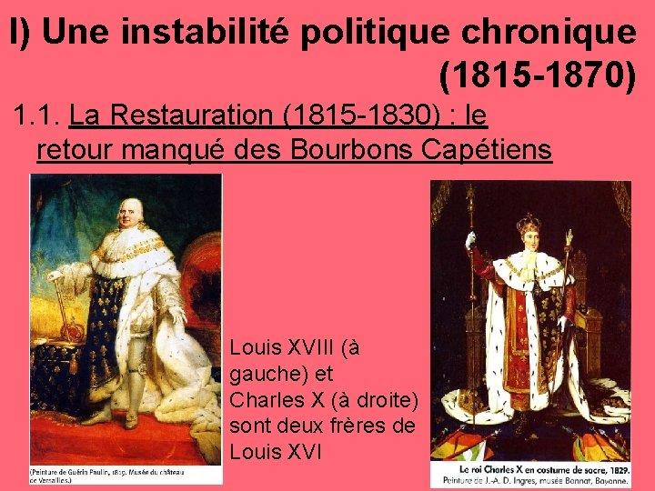 I) Une instabilité politique chronique (1815 -1870) 1. 1. La Restauration (1815 -1830) :