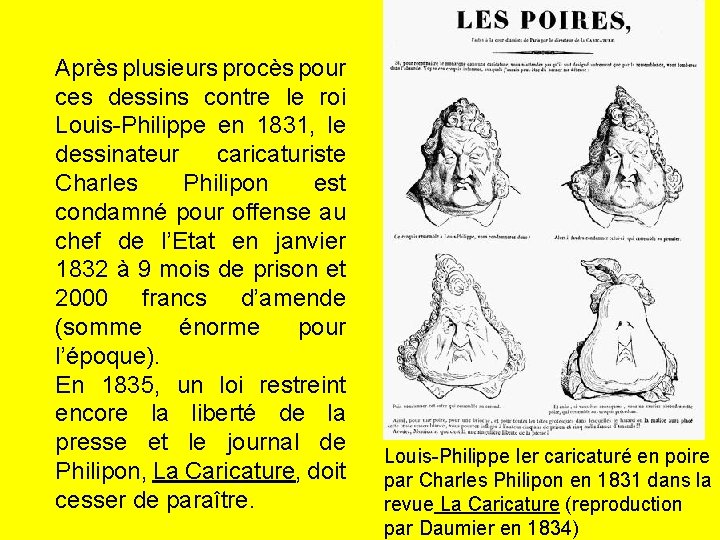 Après plusieurs procès pour ces dessins contre le roi Louis-Philippe en 1831, le dessinateur