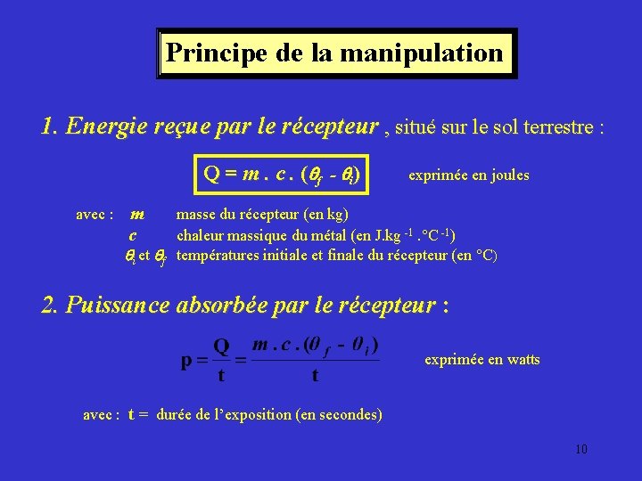 Principe de la manipulation 1. Energie reçue par le récepteur , situé sur le