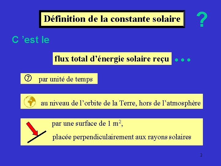 Définition de la constante solaire C ’est le flux total d’énergie solaire reçu ?