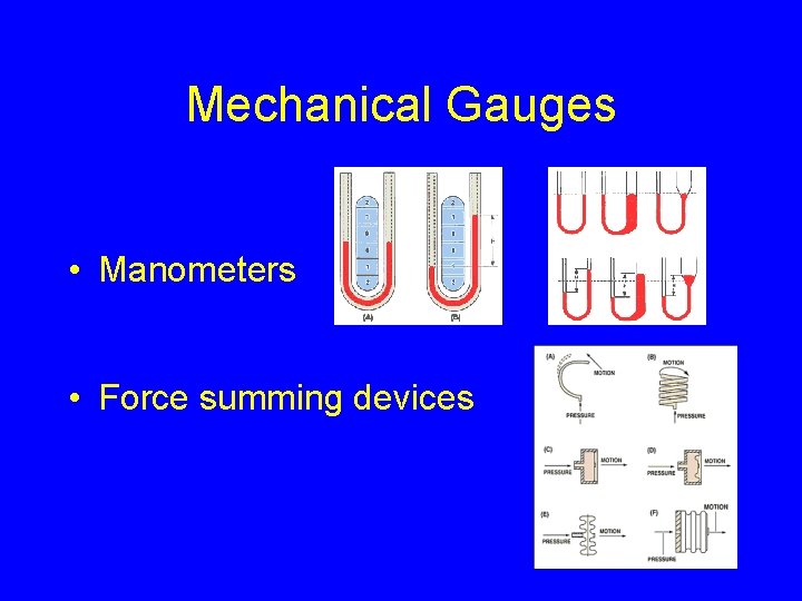 Mechanical Gauges • Manometers • Force summing devices 