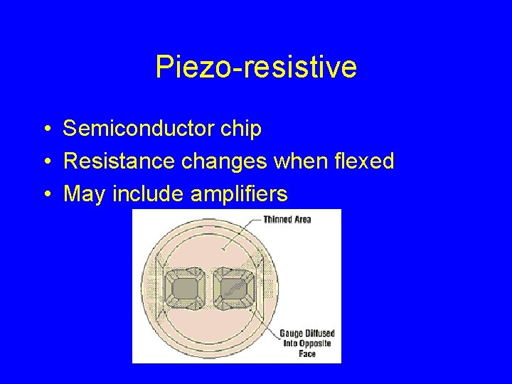Piezo-resistive • Semiconductor chip • Resistance changes when flexed • May include amplifiers 