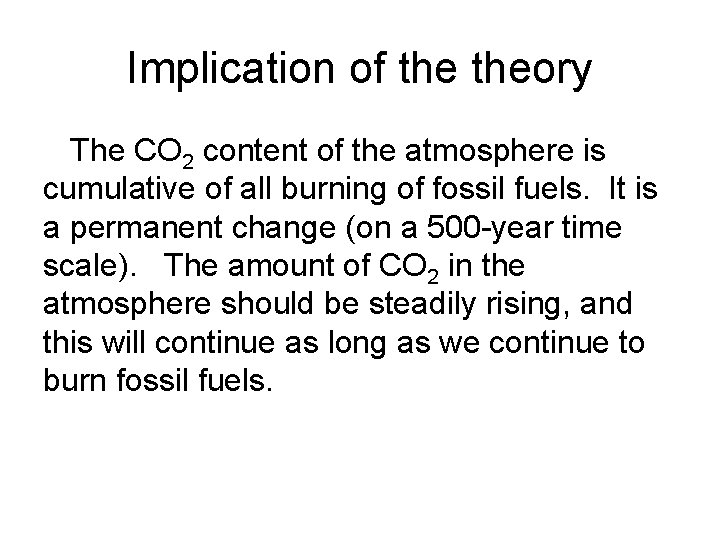 Implication of theory The CO 2 content of the atmosphere is cumulative of all