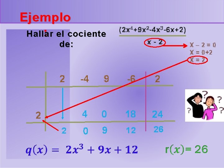 Ejemplo : el cociente Hallar (2 x 4+9 x 2 -4 x 3 -6