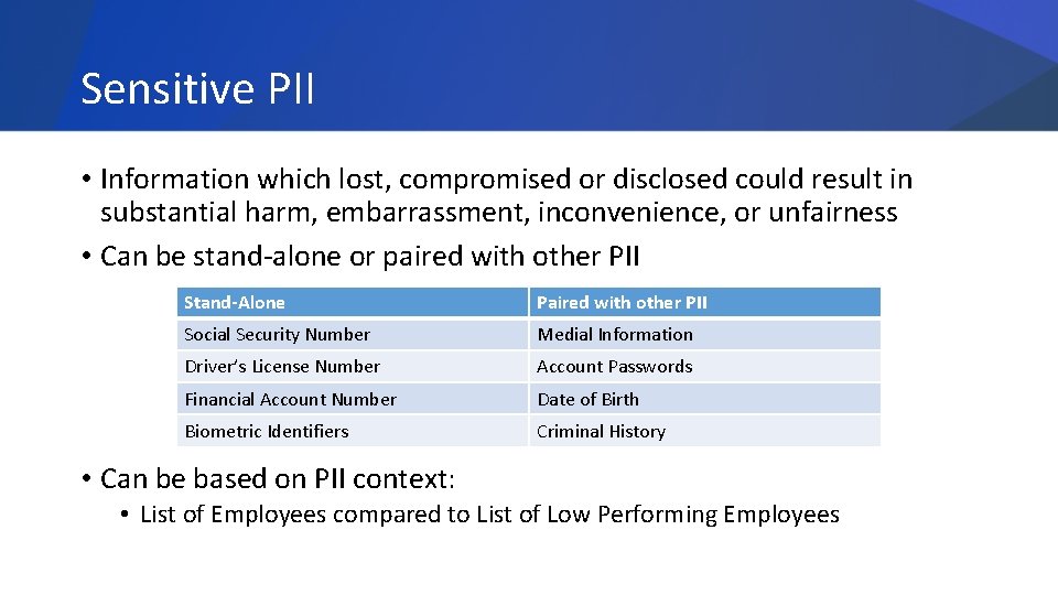 Sensitive PII • Information which lost, compromised or disclosed could result in substantial harm,